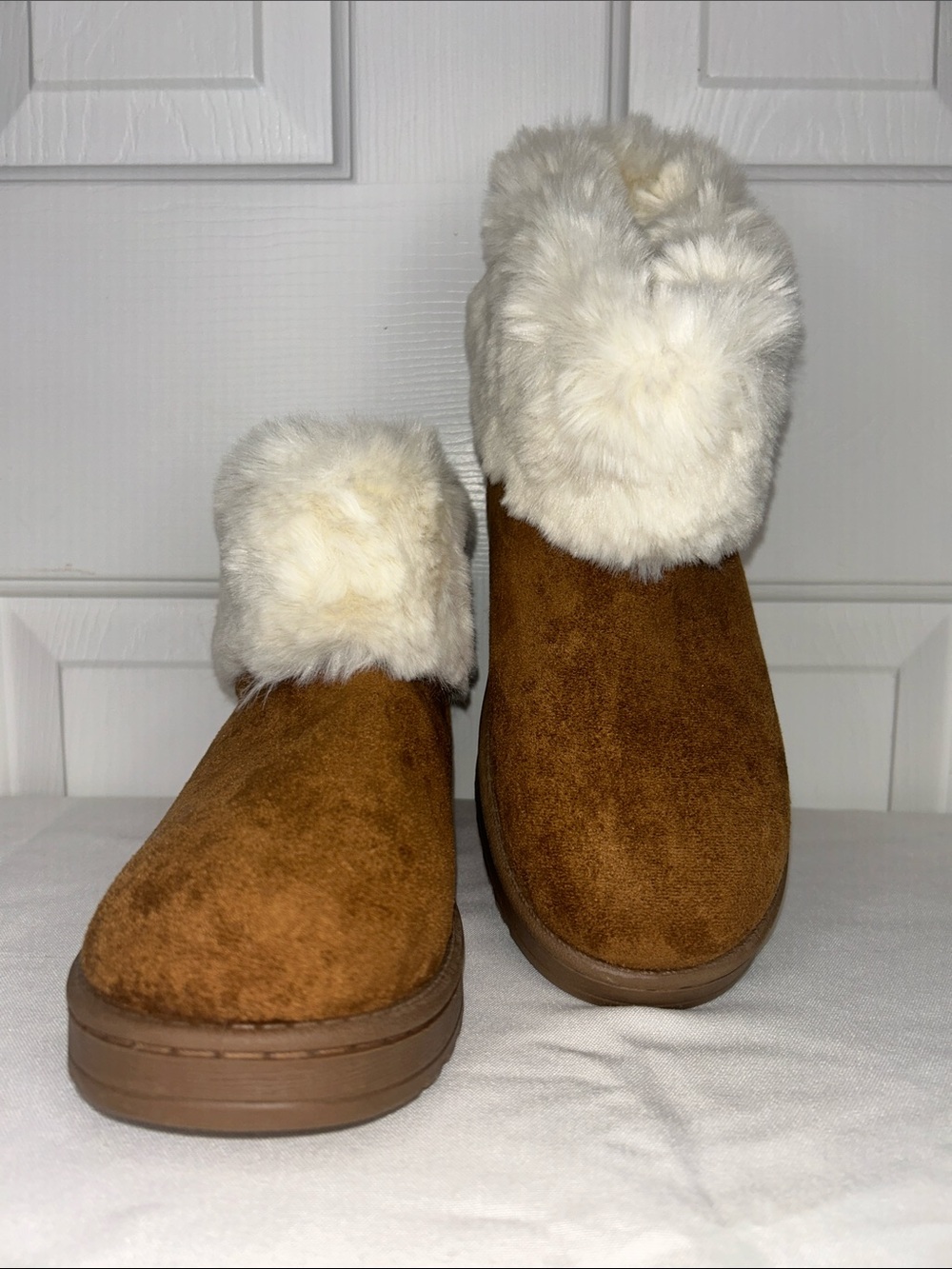 White Mountain Chestnut Suede Faux-Fur Cuff Slip-On Booties